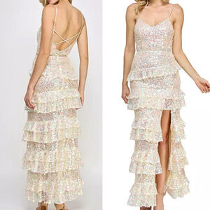 TLC Say Yes Prom Dress 3 Juniors White Iridescent Sequin Slit Gown Tiered Ruffle